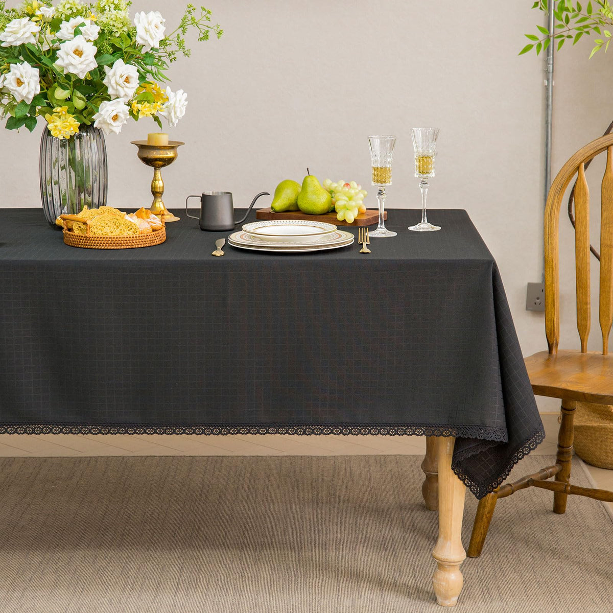 GLORY SEASON Textured Tablecloth Linen-Look Rustic Burlap Style Washable Solid Heavy Weight Lace Trim Rectangle Fabric Table Cloth,Table Cover for Kitchen Dinning Tabletop Decoration 55x70 in Beige