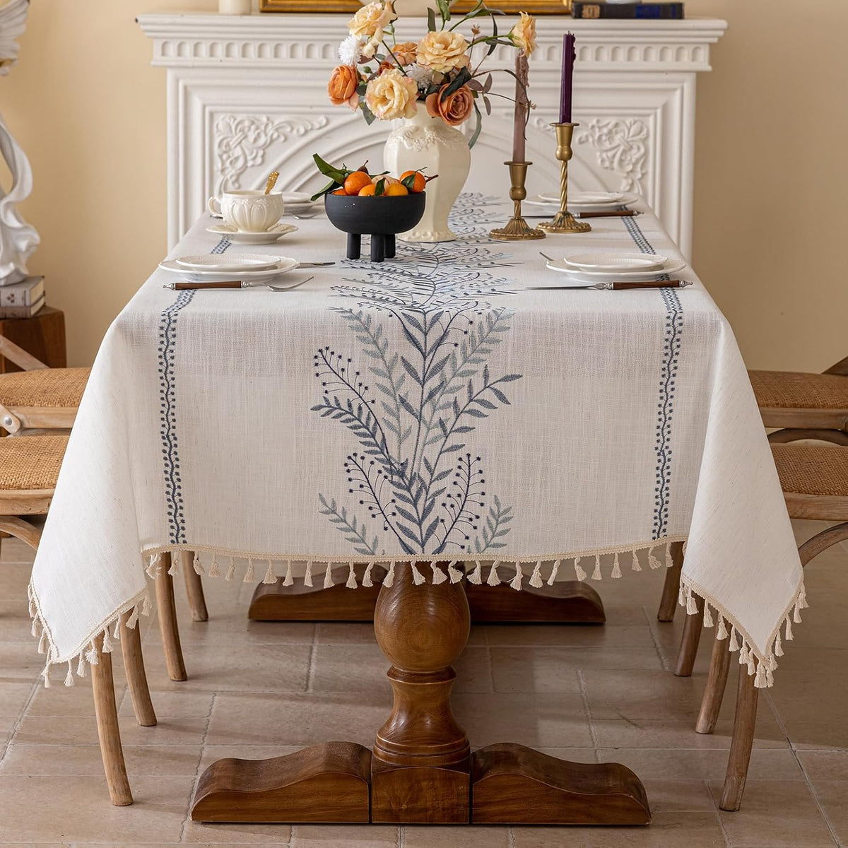Joyfol Day Rustic Waterproof Linen Tablecloth, Heavy Weight Fern Embroidery Table Cloths for Rectangle Tables, Farmhouse Spill-Proof Table Covers with Tassels, Blue 55''x 70''