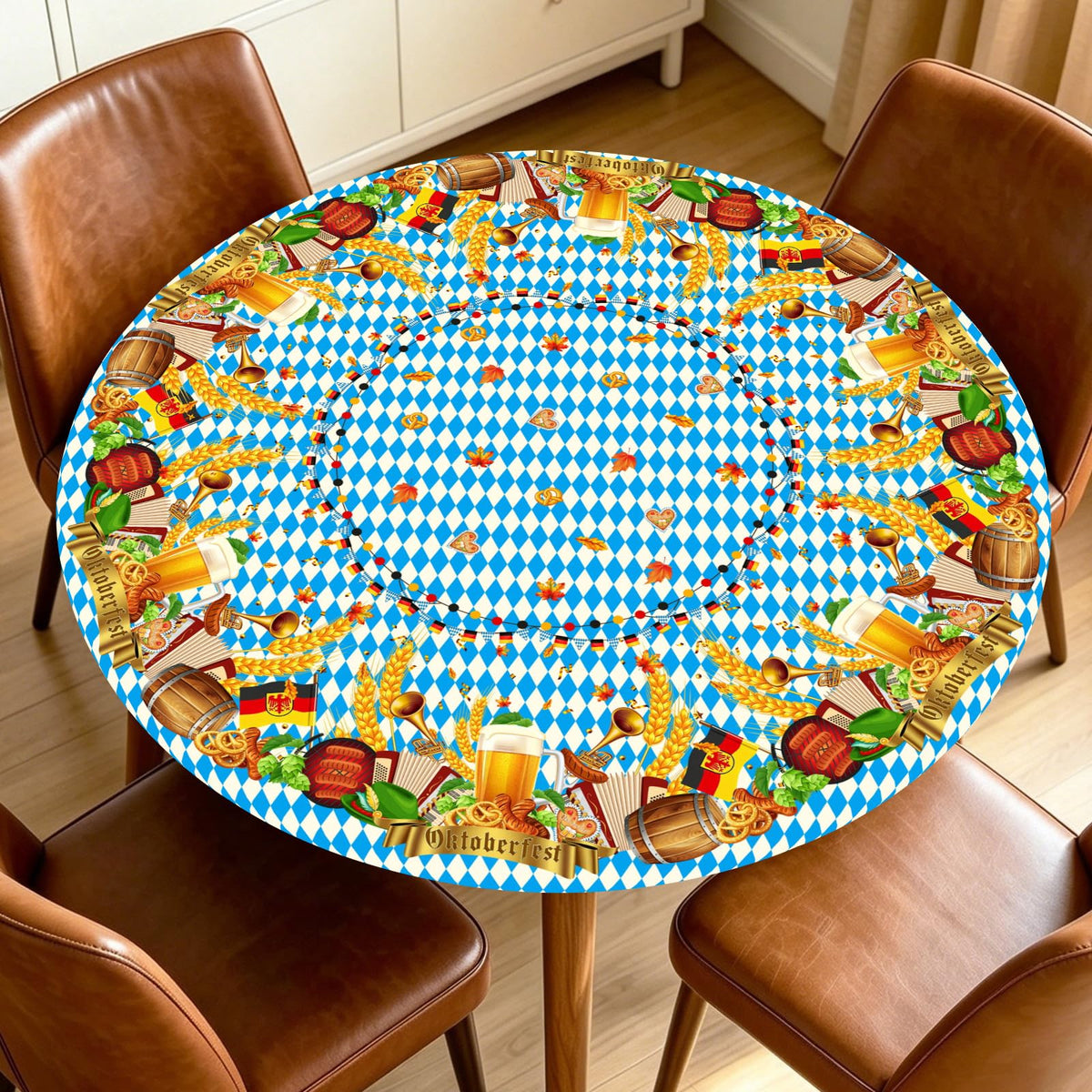 Fall Round Fitted Tablecloth with Elastic Edge Orange Blue White Thanksgiving Pumpkin Table Cover 40-44 Inch Autumn Leaf Washable Table Cloth for Kitchen Dining Room Party Decor