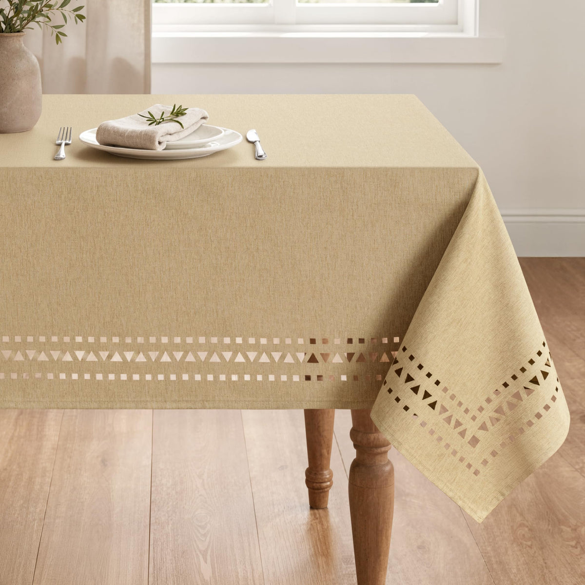 MIULEE 60 Inch Round Tablecloth with Decorative Cutouts Beige