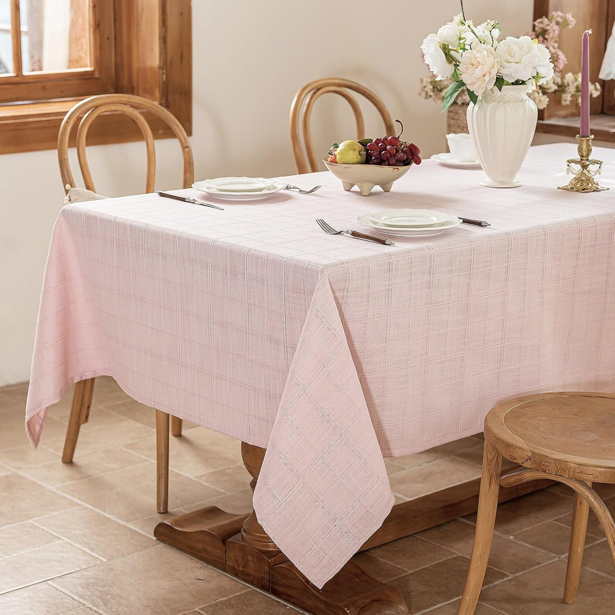 Laolitou Light Pink Embroidered Grid Tablecloth, Wrinkle Resistant, 52"x70"