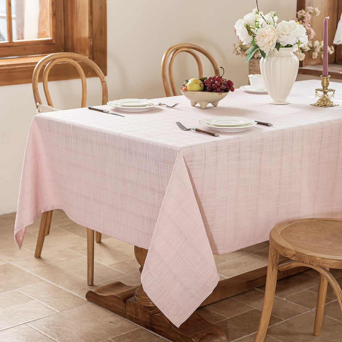 Laolitou Light Pink Embroidered Grid Tablecloth, Wrinkle Resistant, 52"x70"