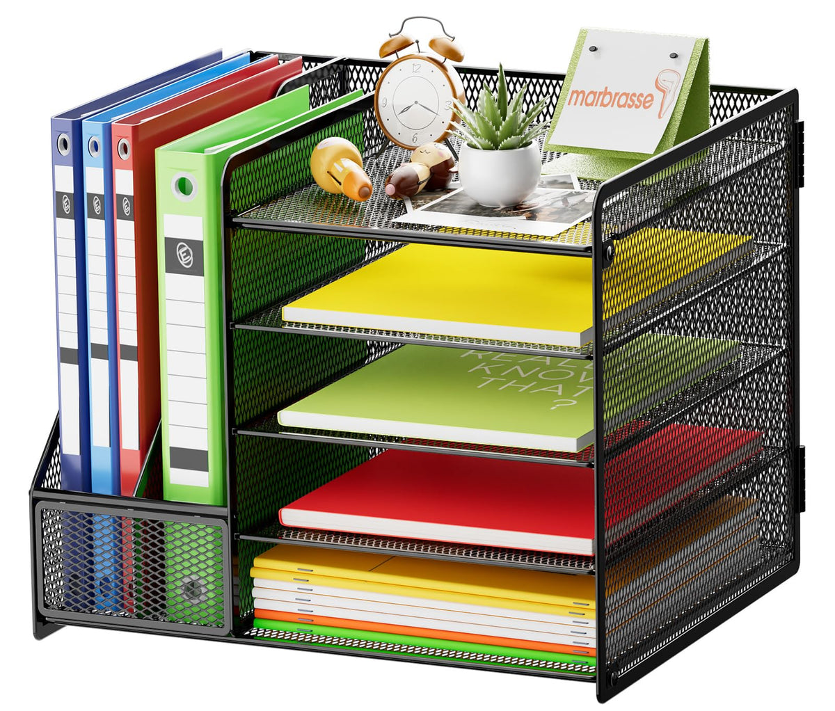 Marbrasse Desk Organizer with File Holder, 5-Tier Paper Letter Tray Organizer with Drawer and 2 Pen Holder, Mesh Desktop Organizer and Storage with Magazine Holder for Office Supplies(Black)