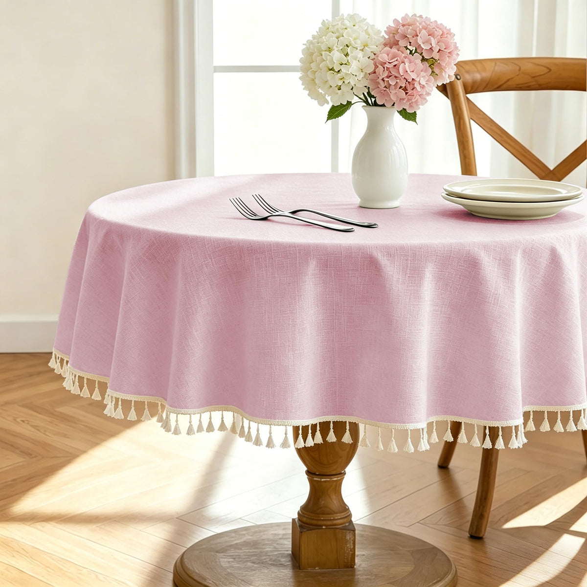 Alsoo Ivory Tablecloth Rectangle Linen Cotton Texture, Waterproof Heavy Duty Farmhouse Wrinkle Free Table Cloth with Tassel for Kitchen Dining Holiday Party, 55" x 75"