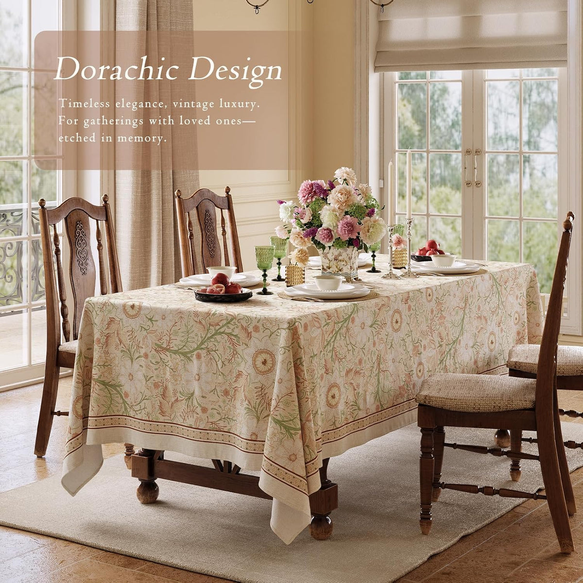 Designer Linen Tablecloth Rectangular, 67" x 118", Dahlia