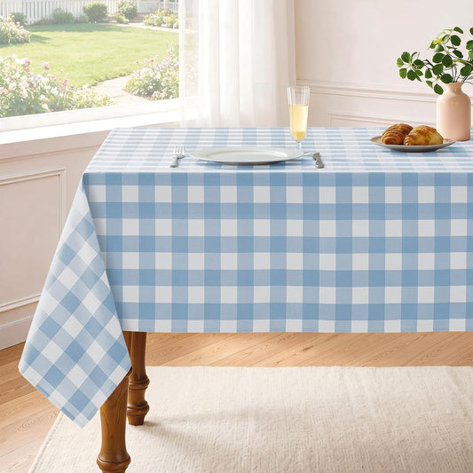 Veblandy Checkered Tablecloth Rectangle Waterproof Gingham Table Cloth Washable Buffalo Plaid Table Cover Wrinkle Free for Kitchen, Dining and Outdoor Picnic, 52 x 70 Inch, Light Blue and White