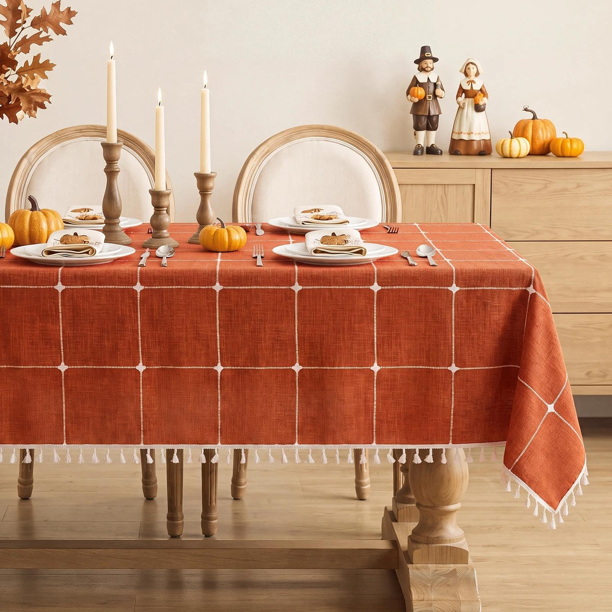 Softalker Fall Linen Rectangle Tablecloth with Tassel, 55 x 70 Inch