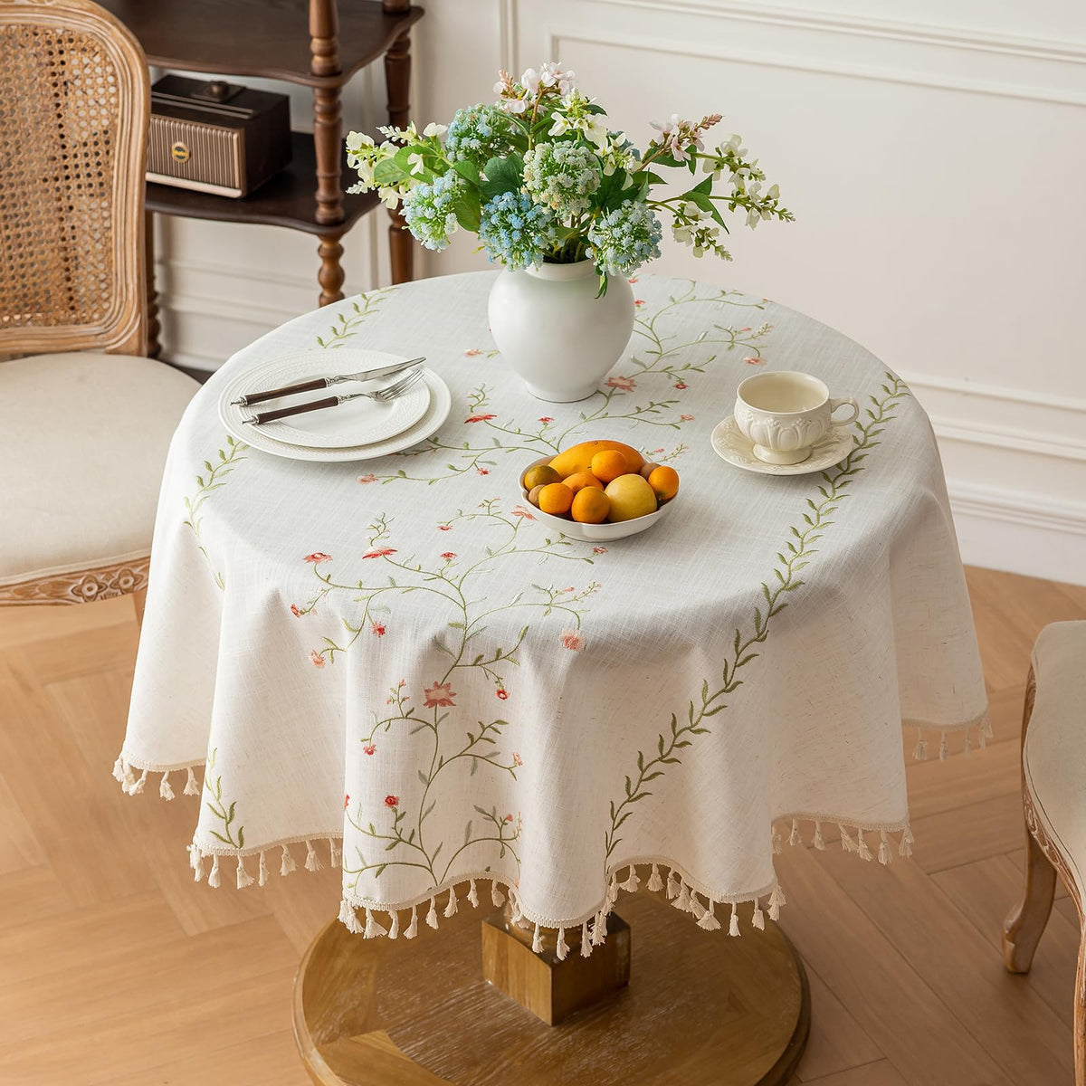 Joyfol Day Rustic Waterproof Linen Tablecloth, Heavy Weight Fern Embroidery Table Cloths for Rectangle Tables, Farmhouse Spill-Proof Table Covers with Tassels, Blue 55''x 70''