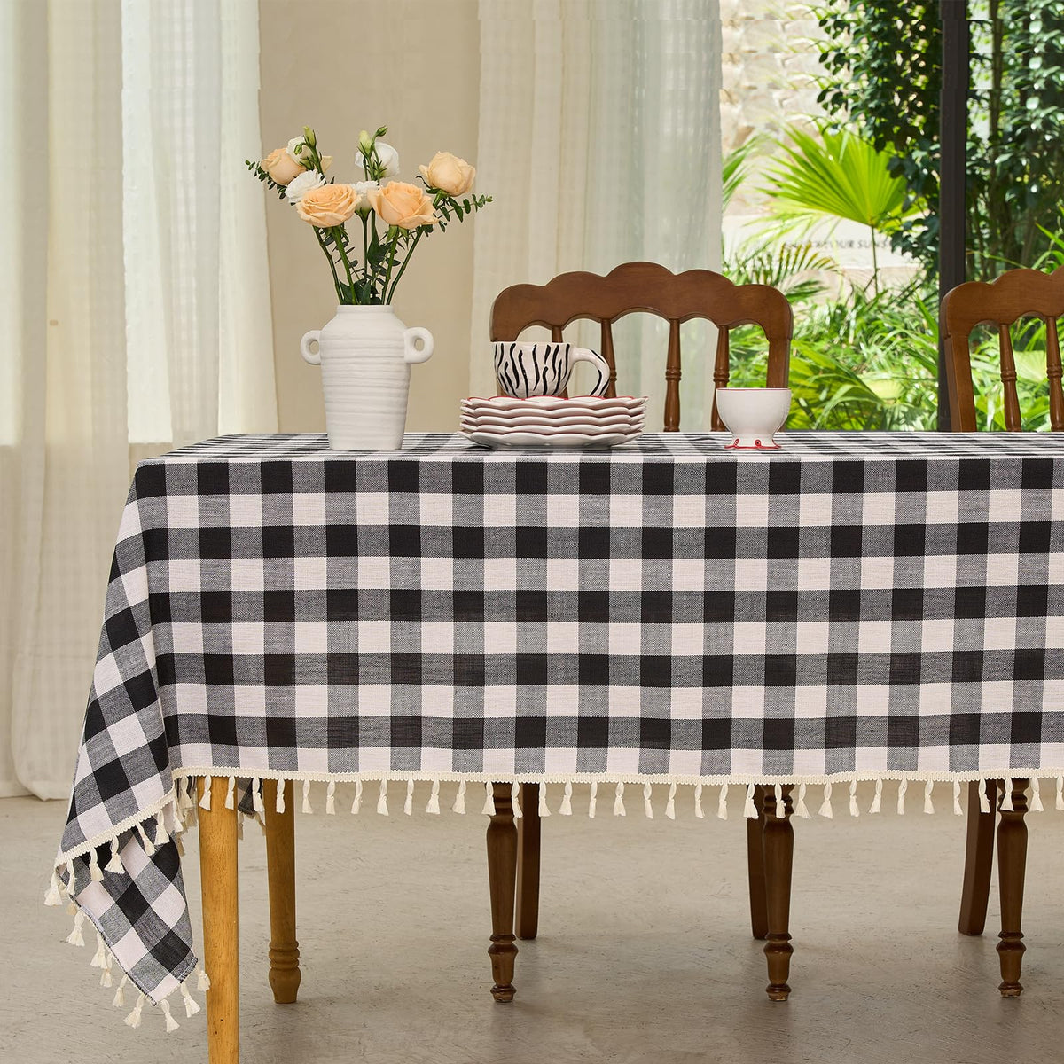 Midsummer Breeze Farmhouse Gray Khaki Gingham Tablecloth Rectangle 55”x70”