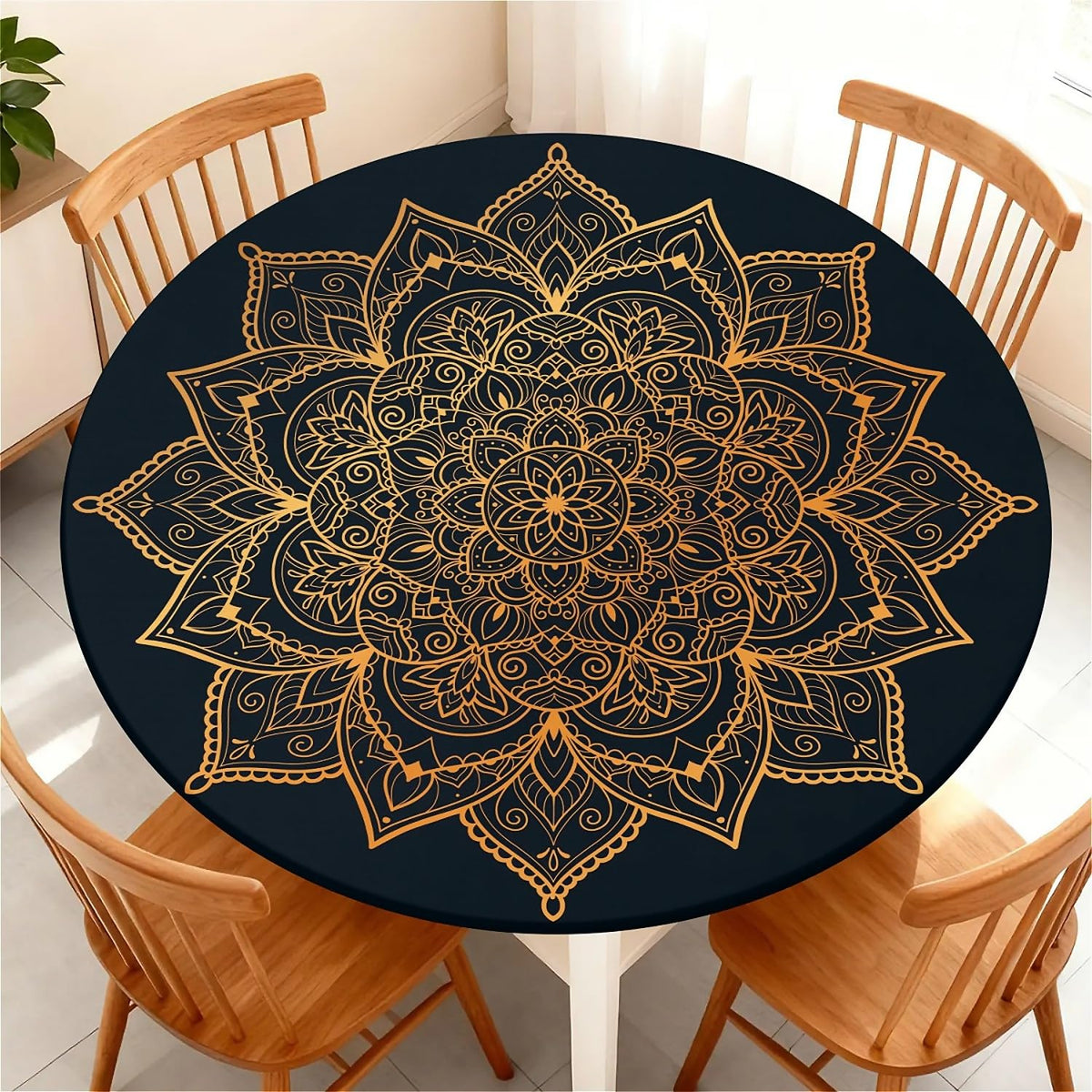 Round Fitted Tablecloth with Elastic Edge, Waterproof Stain Resistant Fabric Table Cover for 45"-48" Round Table, Indoor Outdoor Dining, Kitchen Decor, Camping, Party, Holiday, Black White Marble
