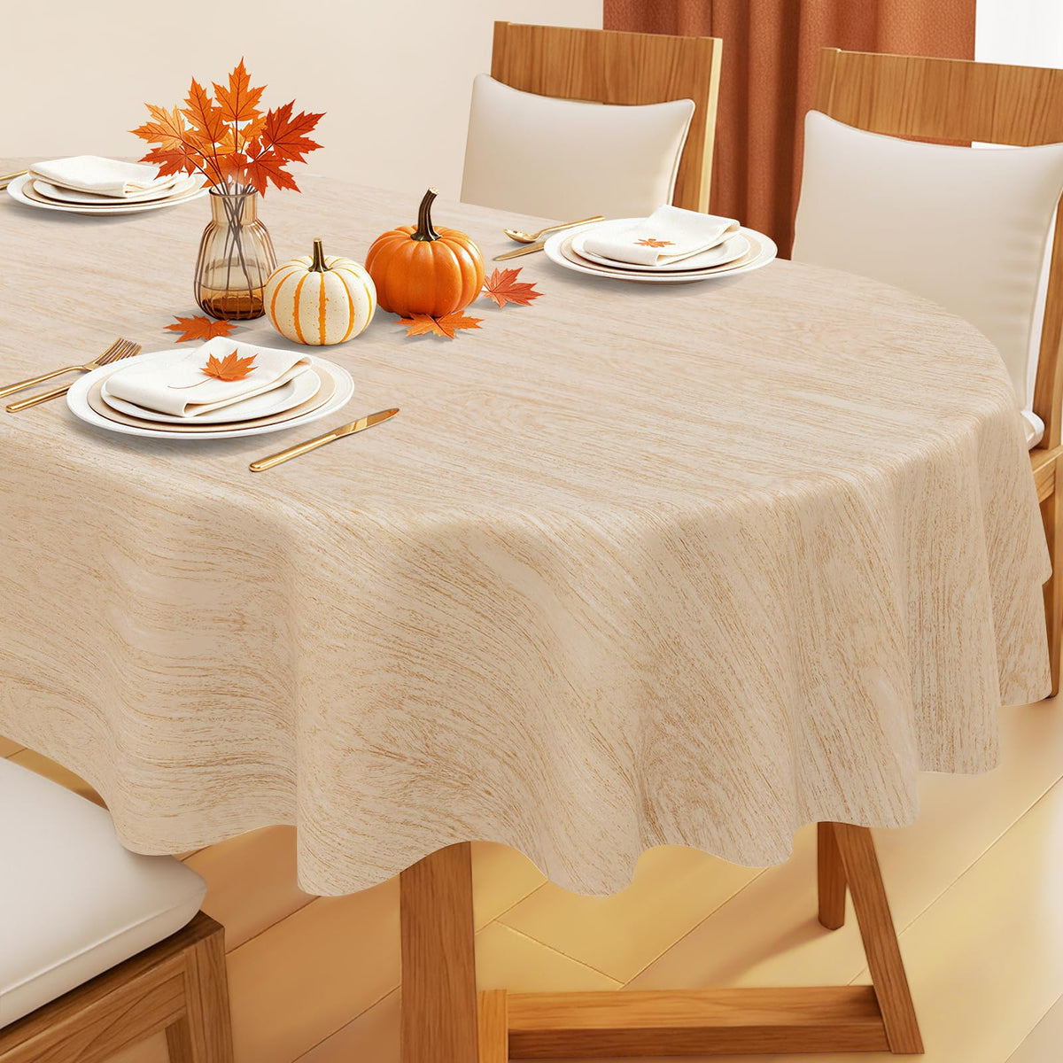 Smiry Rectangle Table Cloth, Waterproof Vinyl Tablecloths with Flannel Backing, Wipeable Spillproof Plastic Wood Grain Table Cover for Dining, Indoor and Outdoor (Beige, 60 "x 84")