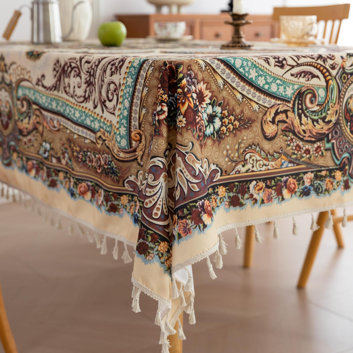 Boho Tablecloth for Square Tables,Fringed Edges with Geometric Pattern Tablecloths,Farmhouse Floral Table Cover Cloth Decorative for Kitchen Dining Room,59"x 59"