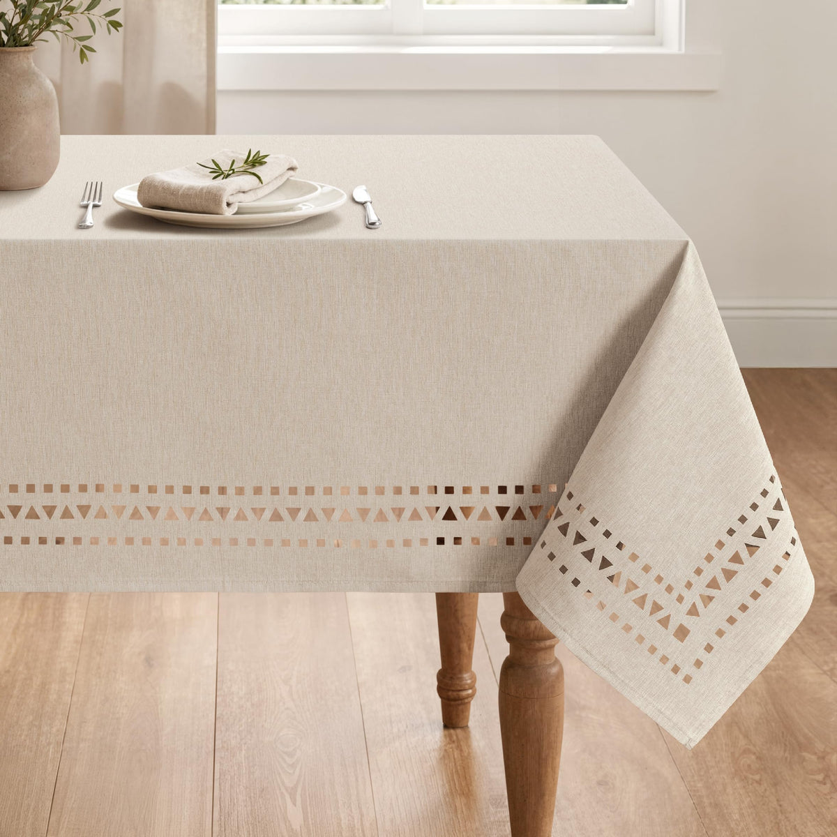 MIULEE 60 Inch Round Tablecloth with Decorative Cutouts Beige
