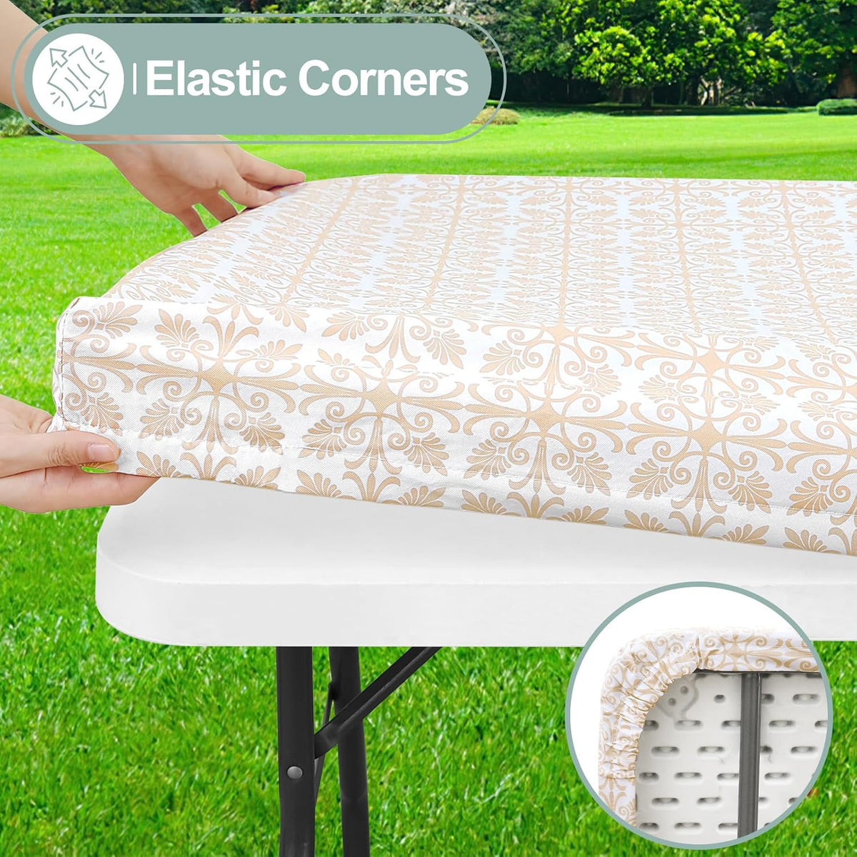 misaya Rectangle Vinyl Table Cloth, Elastic Fitted Flannel Backed Tablecloth, 100% Waterproof Plastic Table Cover Fits 4 Foot Folding Tables for Picnic, Camping, Outdoor (Khaki, 30" x 48")