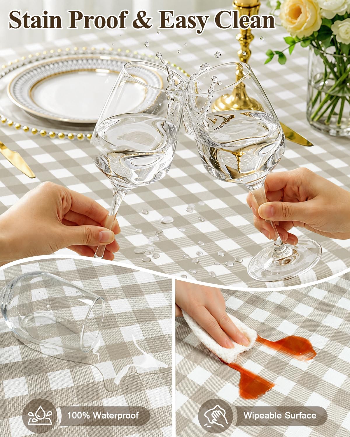 Seenus Khaki Gingham Cottage Vinyl Round Tablecloth with Flannel Backing, Waterproof Checkered Table Cloth Wipeable for Farmhouse Kitchen Patio Garden, 60 Inch Circular (Fits 30-48" Tables)