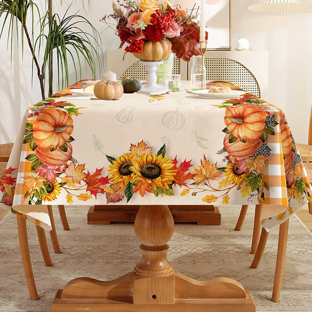 Hexagram Fall Tablecloth 52 x 70 Inches, Plaid Fall Table Cloth Rectangle