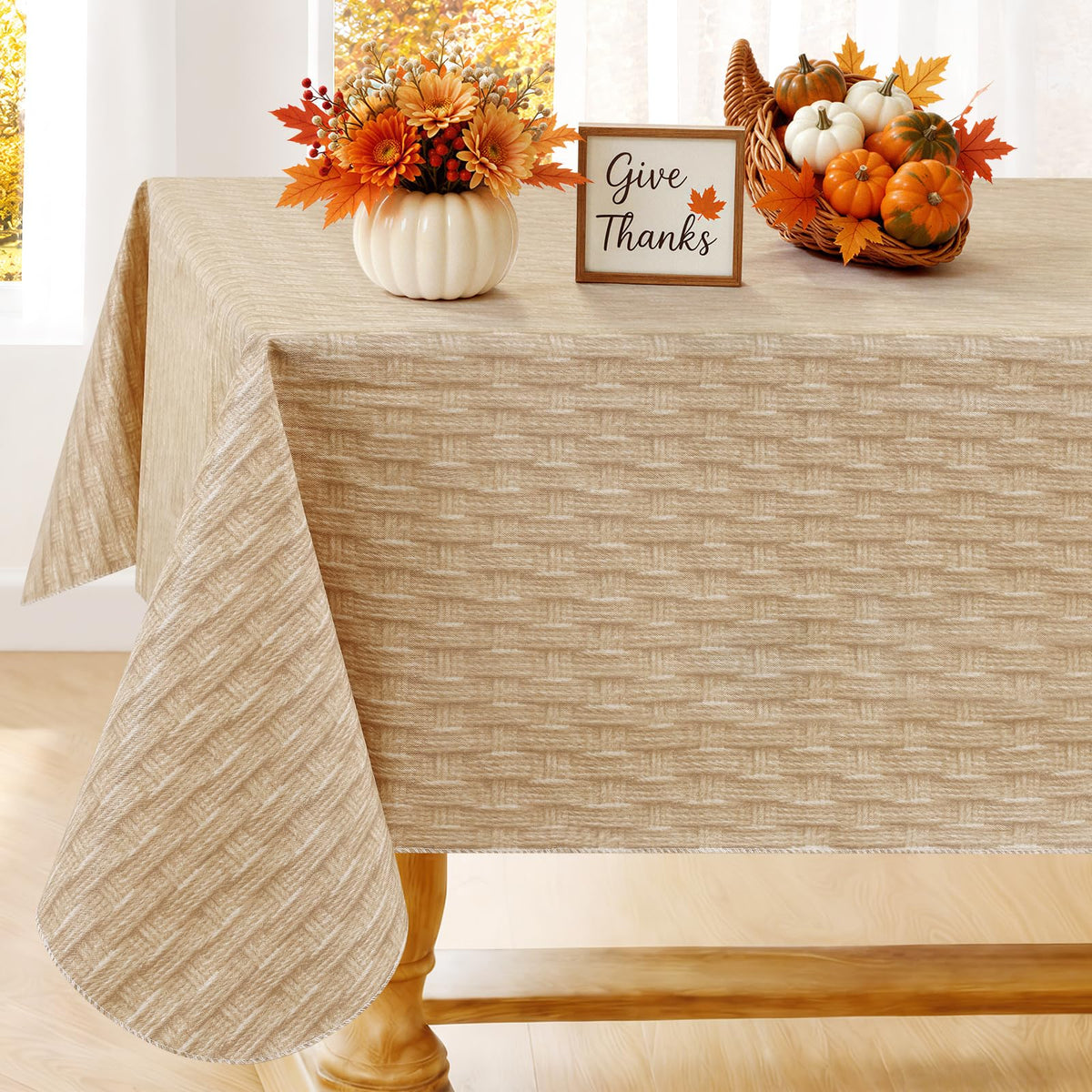Smiry Rectangle Table Cloth, Waterproof Vinyl Tablecloths with Flannel Backing, Wipeable Spillproof Plastic Wood Grain Table Cover for Dining, Indoor and Outdoor (Beige, 60 "x 84")