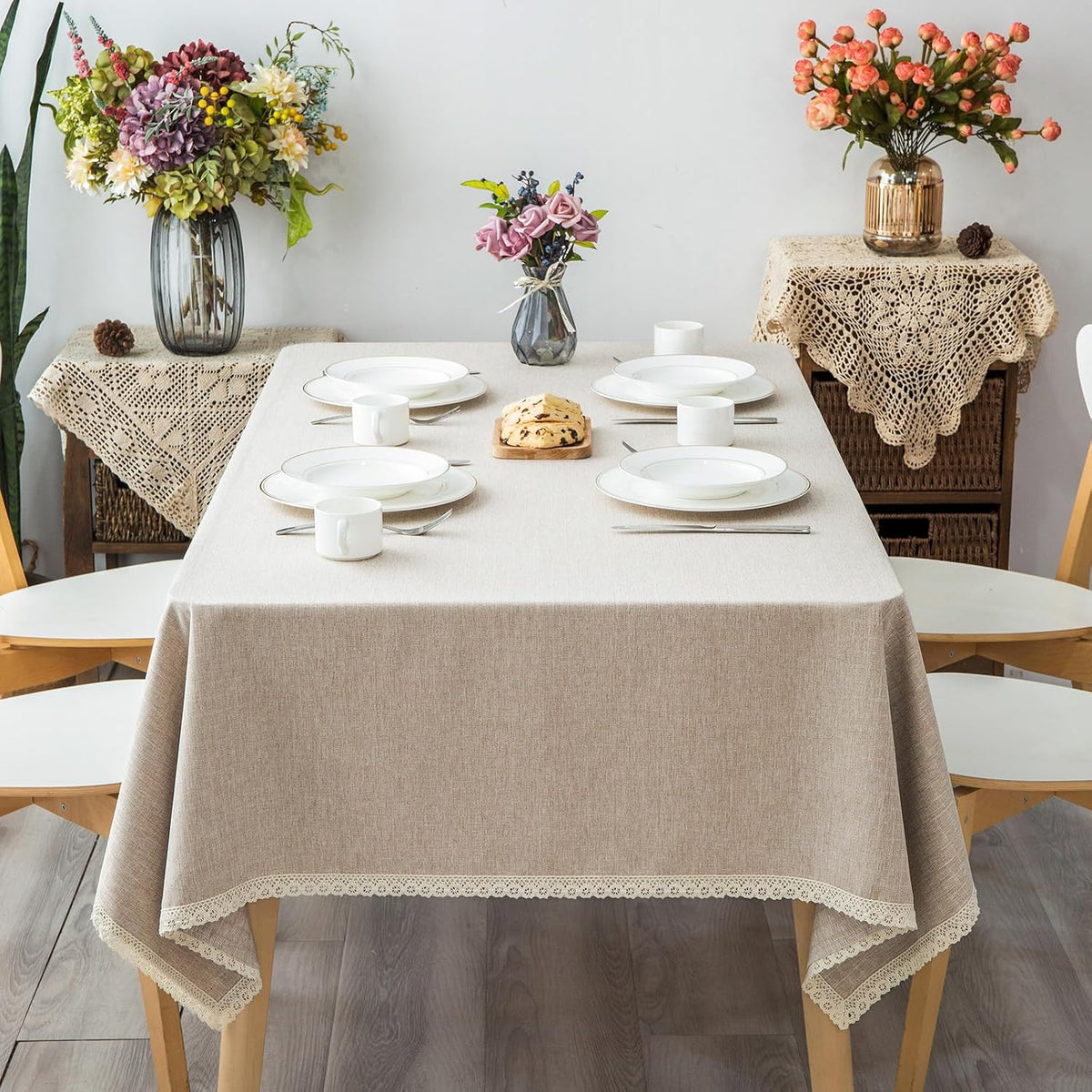 GLORY SEASON Textured Tablecloth Linen-Look Rustic Burlap Style Washable Solid Heavy Weight Lace Trim Rectangle Fabric Table Cloth,Table Cover for Kitchen Dinning Tabletop Decoration 55x70 in Beige