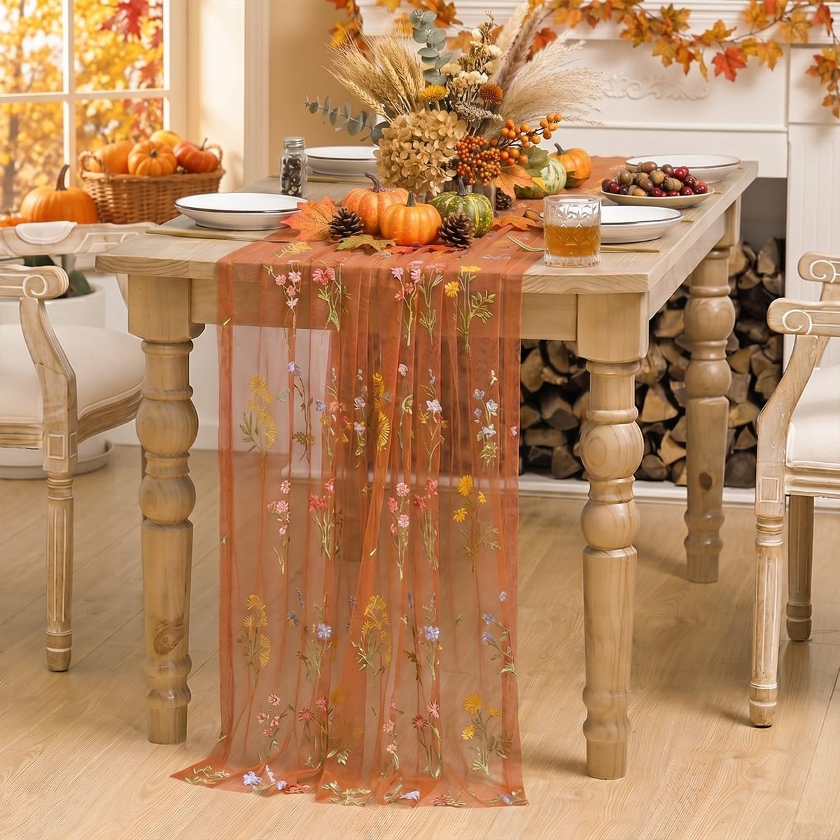 Horaldaily Embroidery Fall Caramel Tablecloth 60×84 Inch Rectangular
