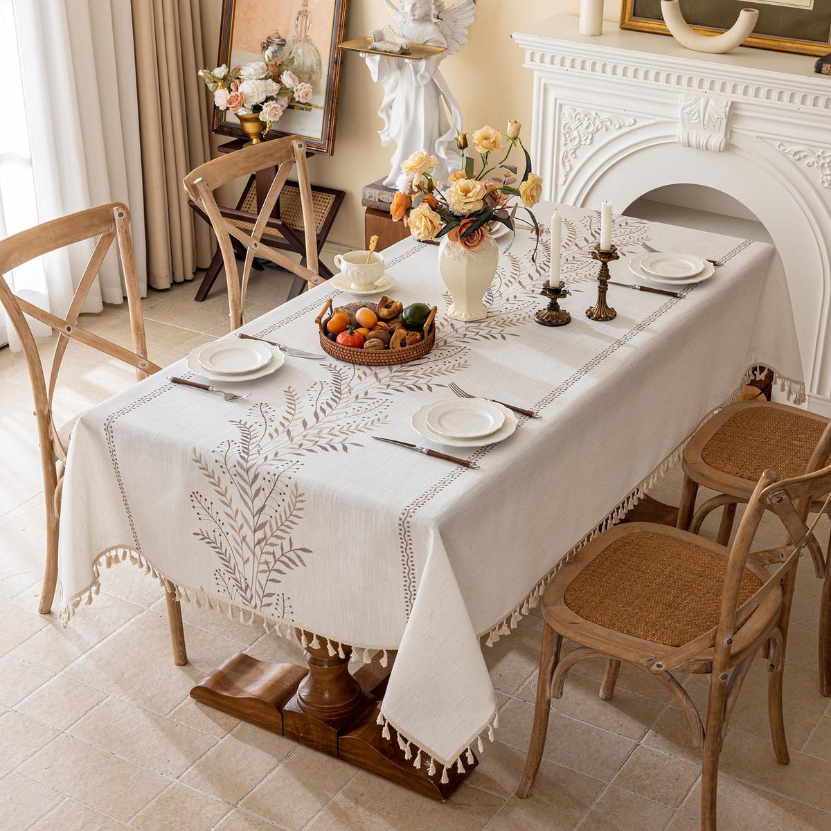Joyfol Day Rustic Waterproof Linen Tablecloth, Heavy Weight Fern Embroidery Table Cloths for Rectangle Tables, Farmhouse Spill-Proof Table Covers with Tassels, Blue 55''x 70''