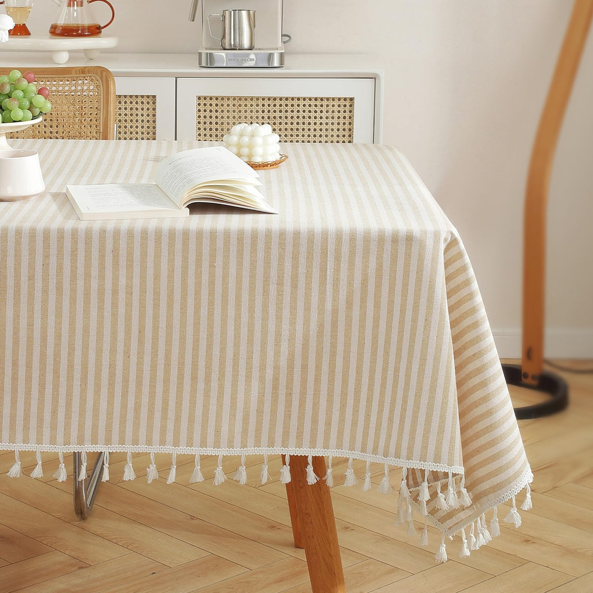 meioro Table Cloth Blue White Striped Tablecloth Tassels Cotton Blend Dust-Proof Table Cover for Dining Coffee Buffet Kitchen Picnic Tables, Parties Indoor Outdoor Square Tablecloths (36x36 Inch)