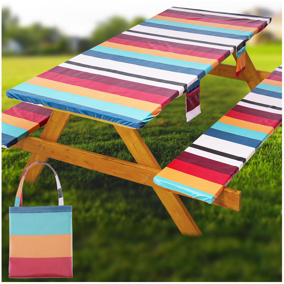 Fitted Picnic Table Cover with Bench Covers Vinyl Waterproof Elastic Edges Fitted Rectangle Tables Patio Tablecloth Camping Gear and Essentials Rv Accessories Road Trip Supplies Car Travel Must Haves