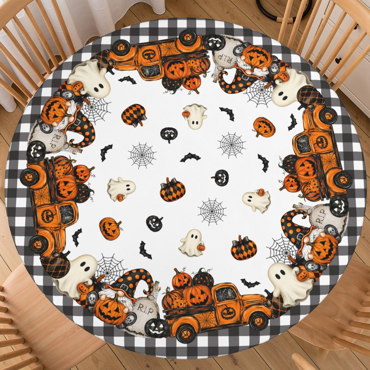 Halloween Polka Dot Round Fitted Tablecloth with Elastic Black Cat Ghost Pumpkin Bat Bowtie Whimsical Table Cloth Decorative Washable Spooky Cute Table Cover Outdoor Kitchen Dining for 44"-48" Table