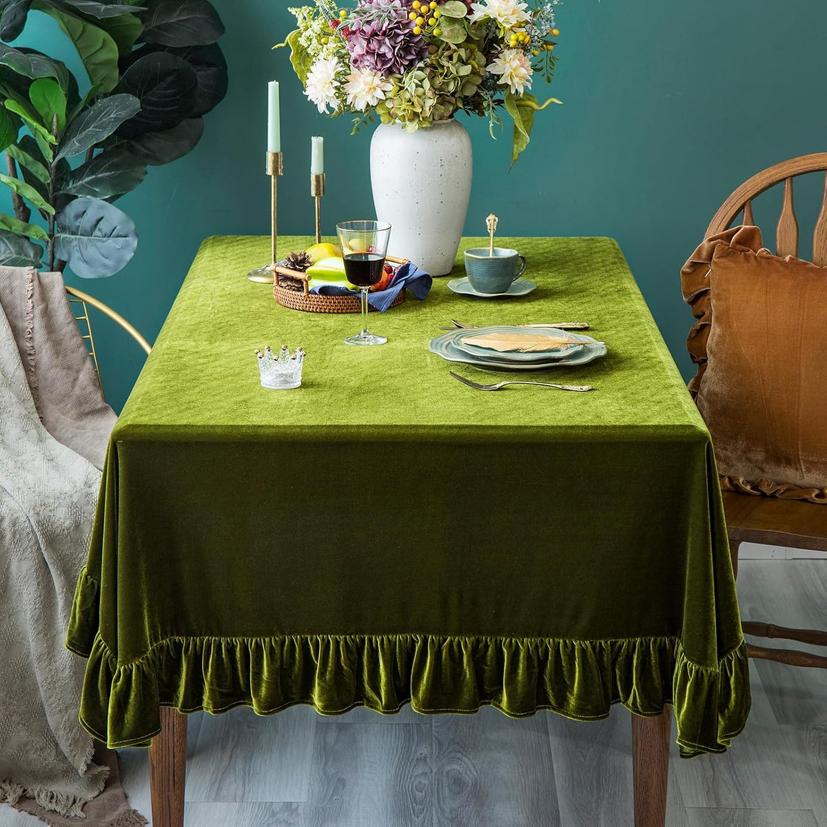GLORY SEASON Velvet Tablecloth Luxurious Solid Rectangle Table Cloth,Oblong Retro Farmhouse Ruffle Tablecloths Washable Table Cover for Party Olive Green,52x70 Inches