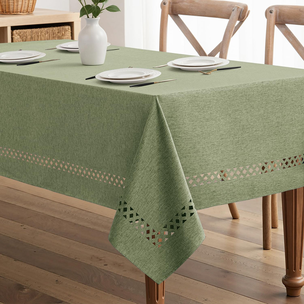 MIULEE Beige 60 Inch Round Linen Tablecloth with Decorative Cutouts