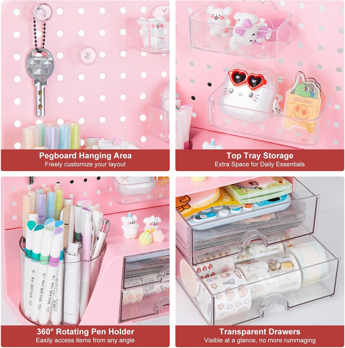 Comix Desk Organizer with 2 Drawer, Pink 360° Rotating Pen Holder for Desk