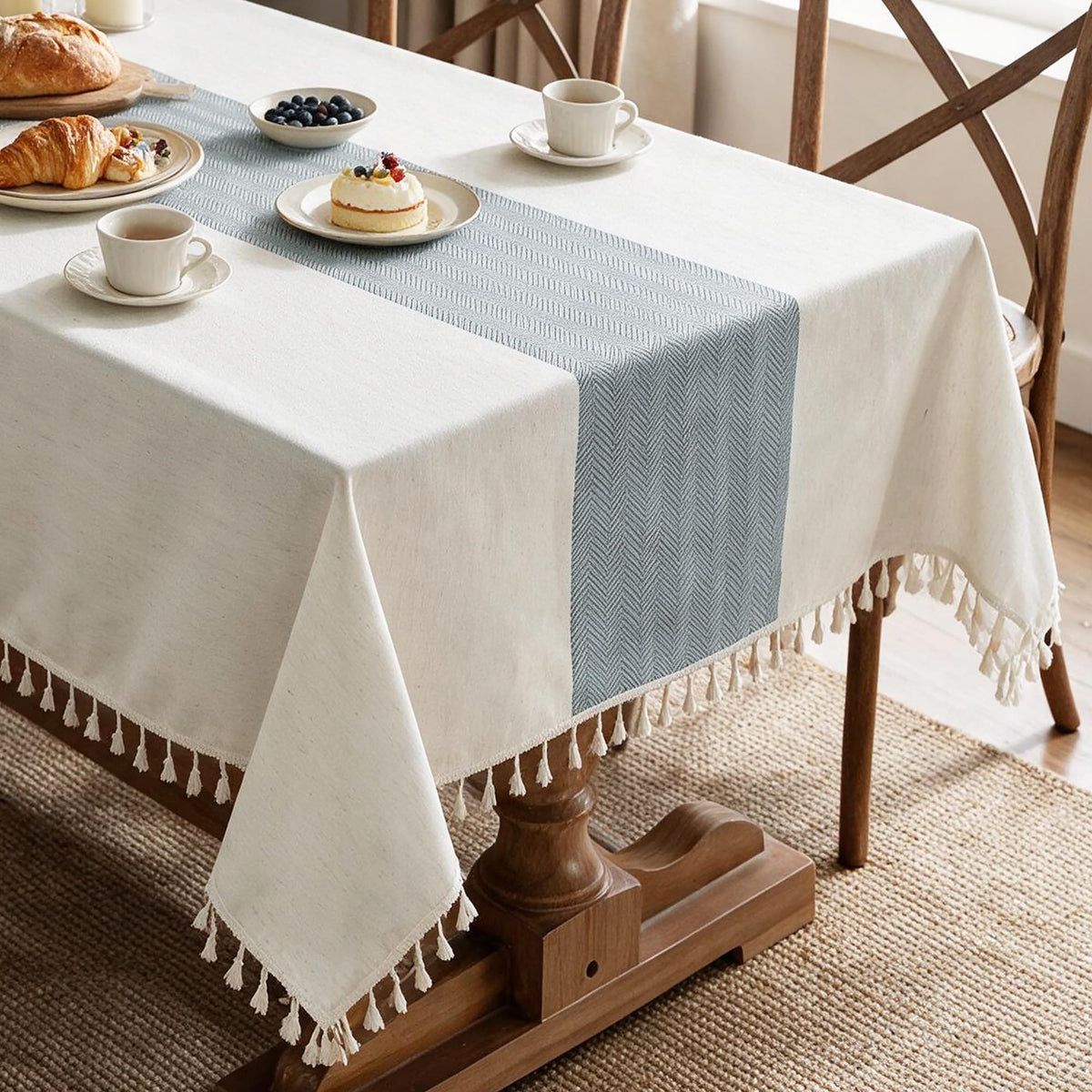Cotton Linen Tablecloth, Water Resistant Holiday Table Cloth for Rectangle Table with Tassel, Washable Heavy Duty Wrinkle Free Table Cover for Dining Picnic, Coffee Lines, 75 X 55 Inch