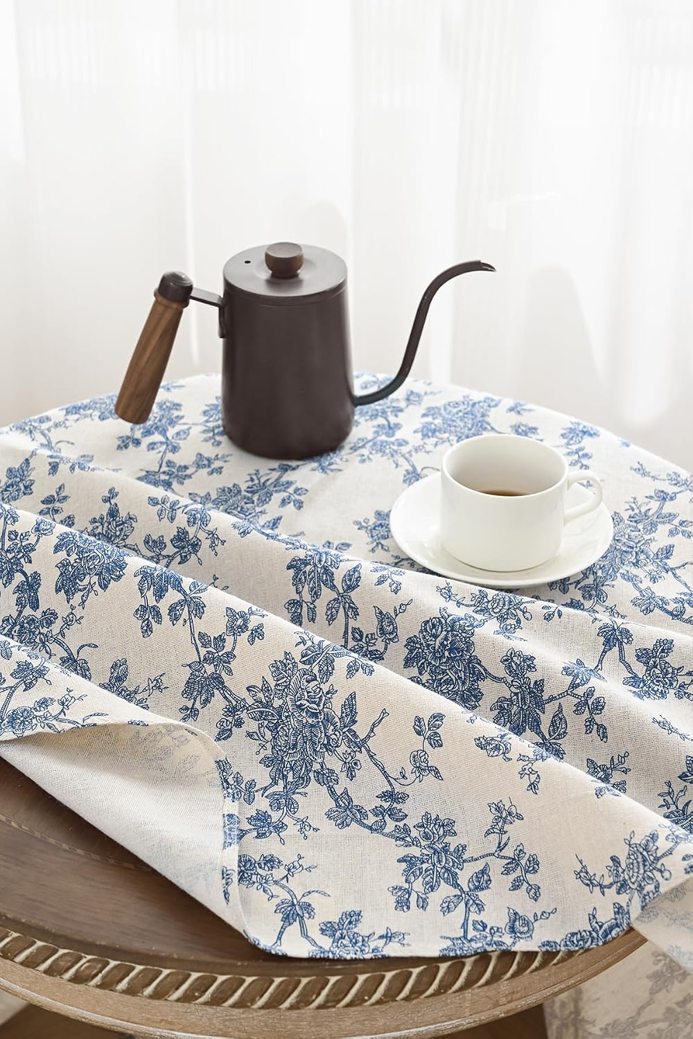 Cotton Linen Round Tablecloth, Blue Floral Table Cloth Round 47"