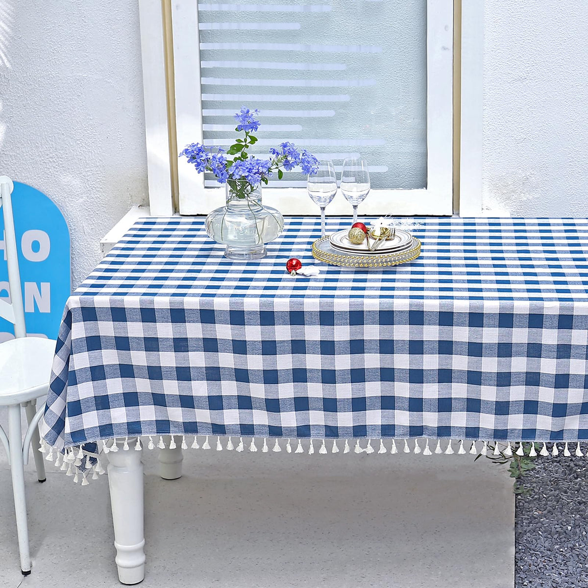 Midsummer Breeze Farmhouse Gray Khaki Gingham Tablecloth Rectangle 55”x70”