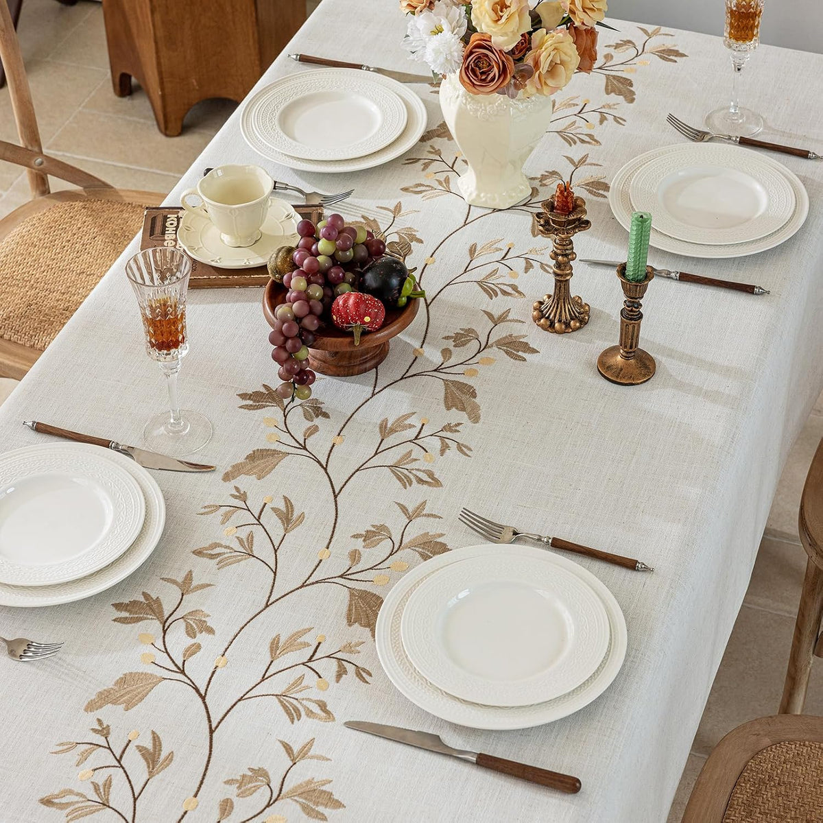 Joyfol Day Rustic Waterproof Linen Tablecloth, Heavy Weight Beige Embroidery Table Cloths for Rectangle Tables, Burlap Farmhouse Table Covers (Coffee Leaves, 55''x 70'')