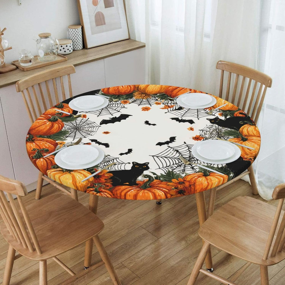 Elastic Edge Round Fitted Tablecloth, Waterproof Cover for 40"-44" Tables
