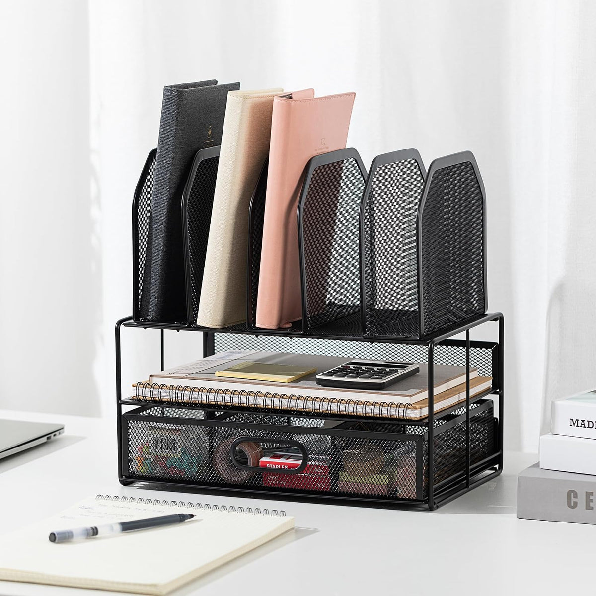 Amazon Basics Mesh Desk Organizer with Sliding Drawer, Double Tray and 5 Upright Sections, File Holder for Office Supplies, Paper Letter Tray, Black