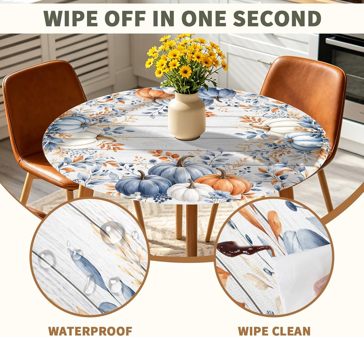 Fall Round Fitted Tablecloth with Elastic Edge Orange Blue White Thanksgiving Pumpkin Table Cover 40-44 Inch Autumn Leaf Washable Table Cloth for Kitchen Dining Room Party Decor