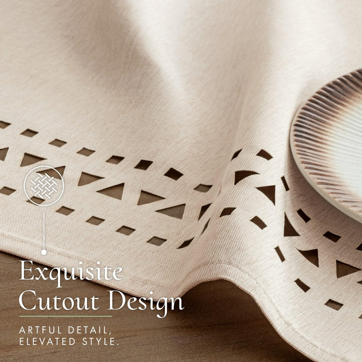MIULEE 60 Inch Round Tablecloth with Decorative Cutouts Beige