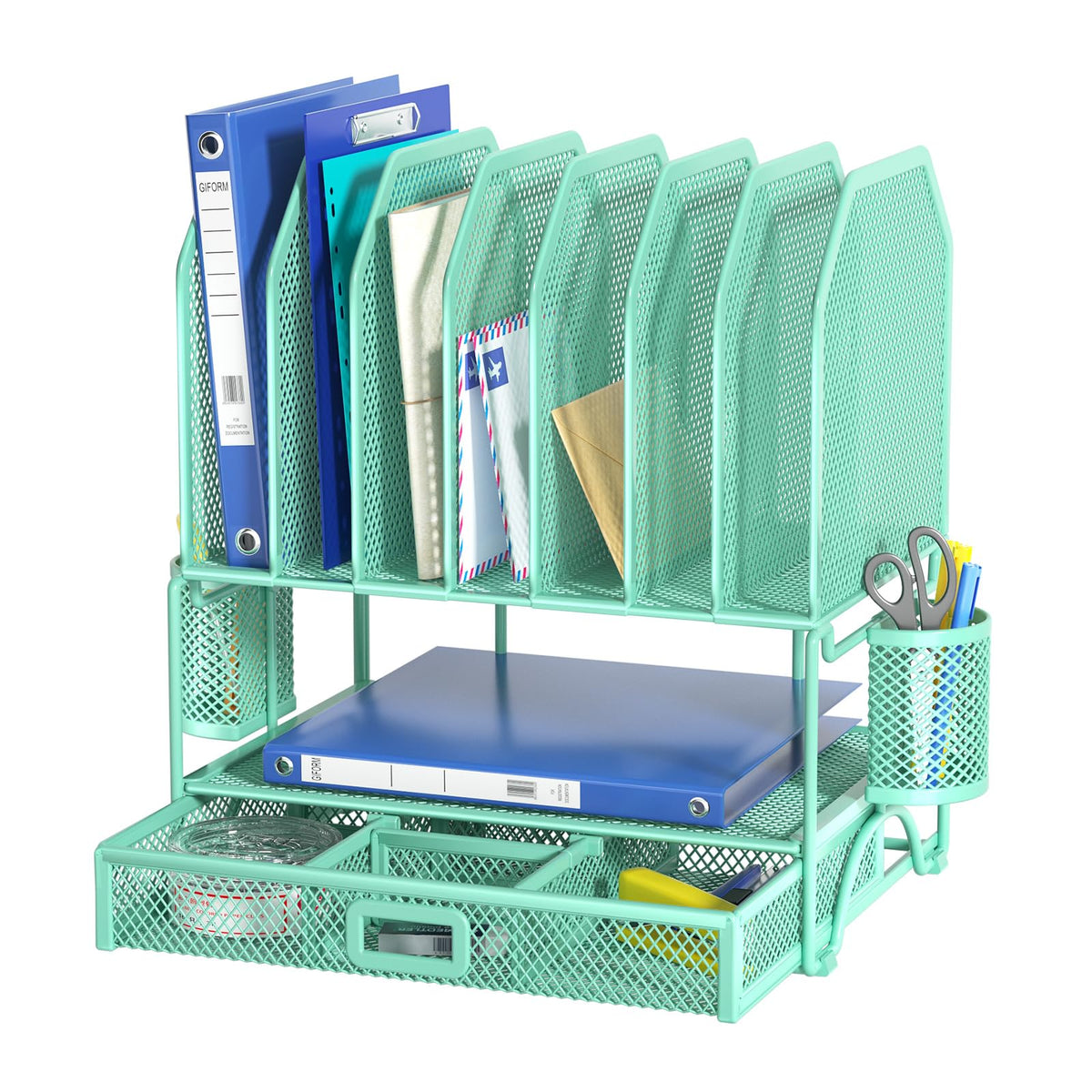 FANXIYQ Metal Desk Organizer with Sliding Drawer, 7-Section File Organizer for Desk, Desktop File Folder & Paper Organizer with 2 Hanging Pen Holders, Office Supplies Organizer, Black