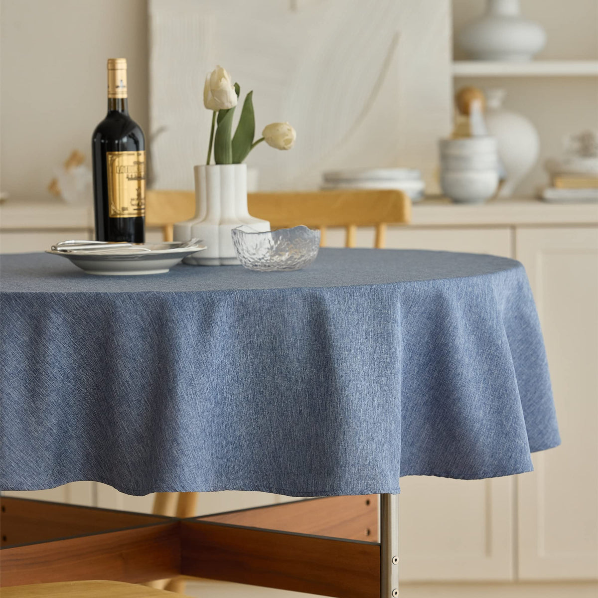 Decorelia Waterproof Round Tablecloth for Round Dining Table, Decorative Rustic Soft Wipeable Table Cloths Cover Indoor Outdoor Use for Holiday,Wedding, Kitchen (70 Inch,Round (4-6 Seats),Beige)