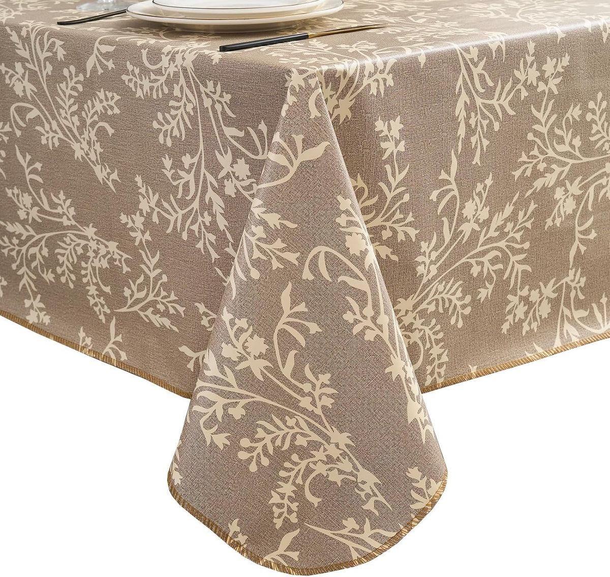Pioggia Vinyl Tablecloth with Flannel Backing - Waterproof, Oil-Proof, Easy to Clean -Plastic Table Cloth - Perfect for Dining Tables, Kitchen Tables, Parties (Beige Flower, 54×72 Inch Rectangular)