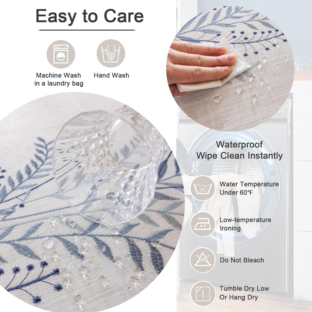 Joyfol Day Rustic Waterproof Linen Tablecloth, Heavy Weight Fern Embroidery Table Cloths for Rectangle Tables, Farmhouse Spill-Proof Table Covers with Tassels, Blue 55''x 70''