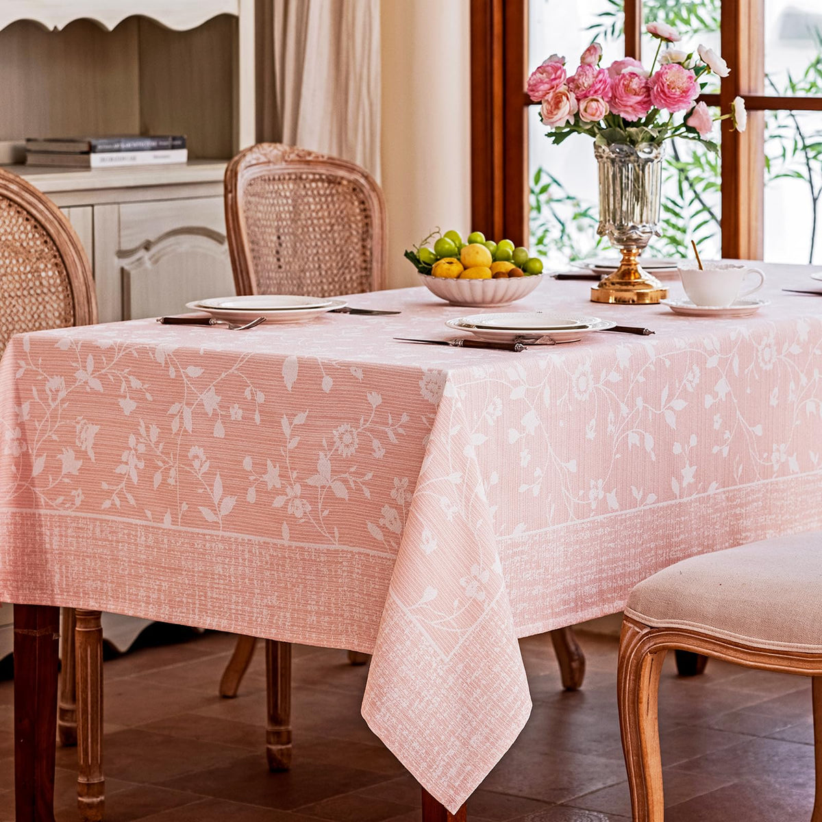 Midsummer Breeze French Country Beige Floral Tablecloth Rectangle 60”x75”