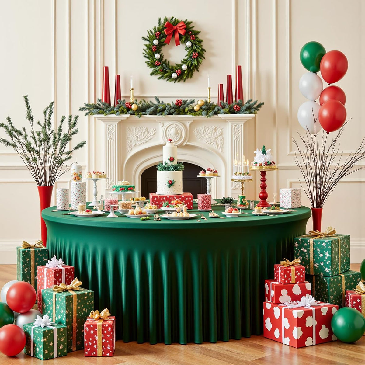 60 Inch Dark Green Round Tablecloth - Stretch Spandex Fitted Table Cover with Elastic Skirt Edge, Wrinkle-Free & Reusable for 5FT Tables Wedding Banquet Party Birthday Buffet