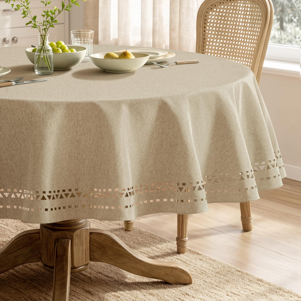 MIULEE 60 Inch Round Tablecloth with Decorative Cutouts Beige