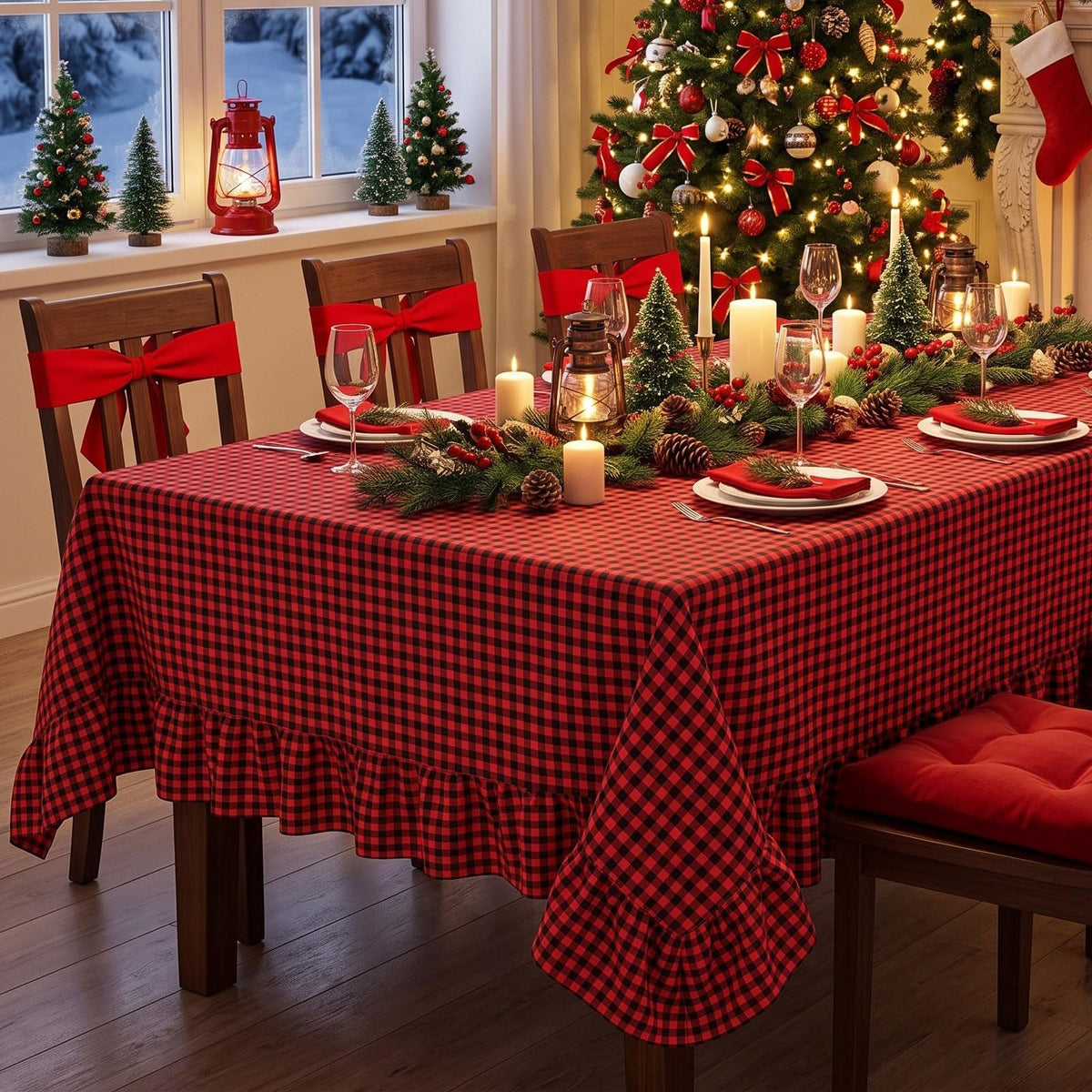 Mindsoft Brown Ruffled Gingham Tablecloth, 52 x 70 Inches, Rectangle