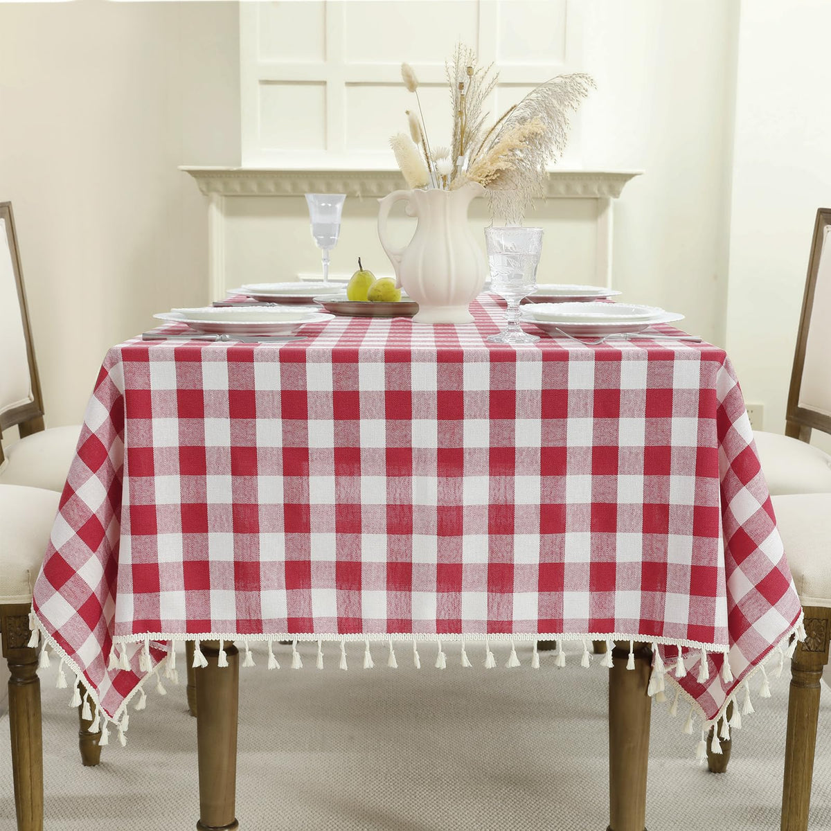 Romanstile Gingham Tassel Tablecloth Rectangle - 55 x 70 Inch, Sage Green