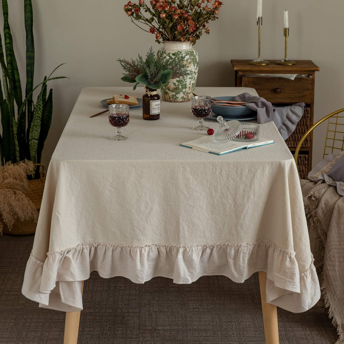 GLORY SEASON Retro Farmhouse Ruffle Tablecloth Cotton Flounces Trim Washable Table Cover Tablecloths for Rectangle Table Baby Shower Kitchen Party Wedding Decor 60''x84''