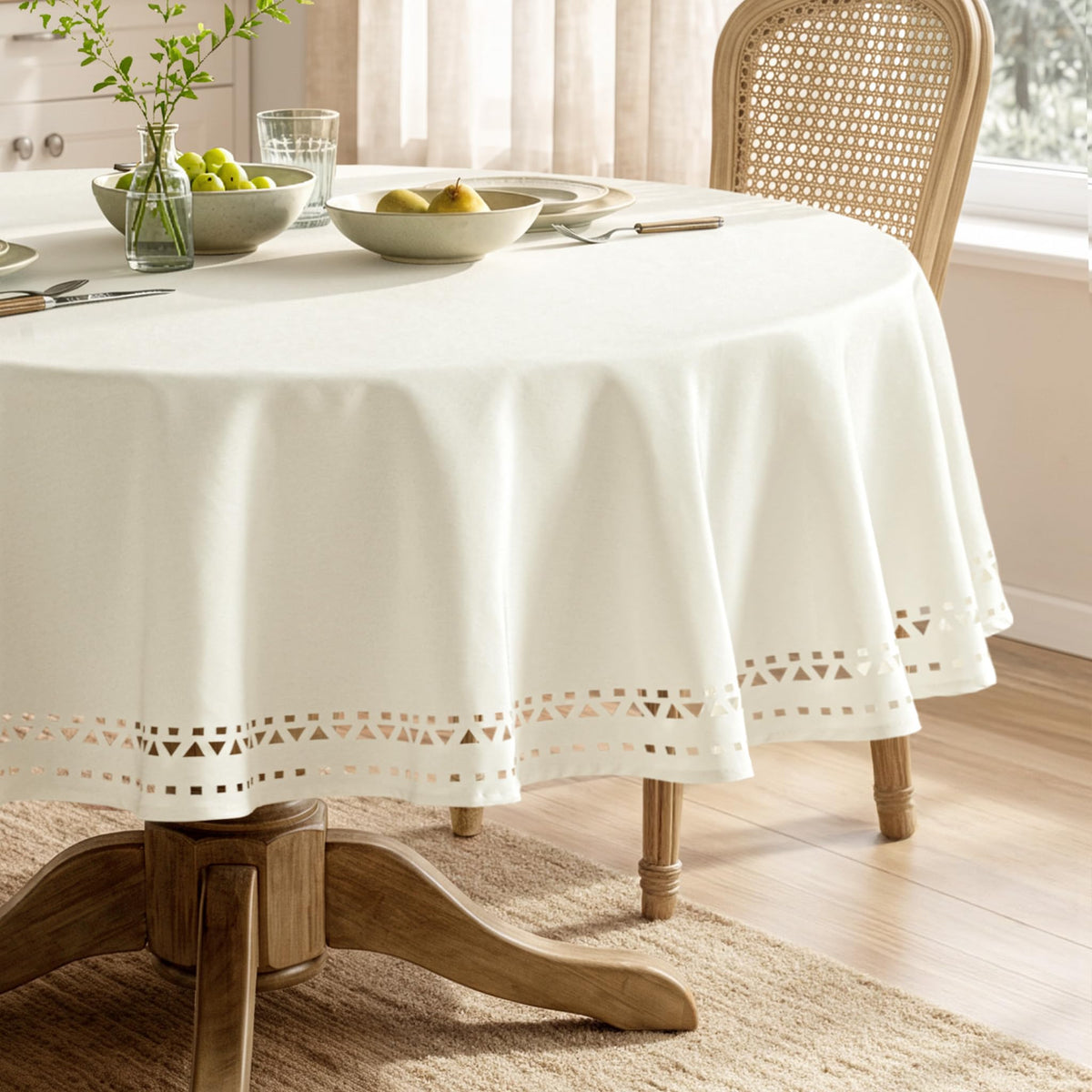 MIULEE 60 Inch Round Tablecloth with Decorative Cutouts Beige
