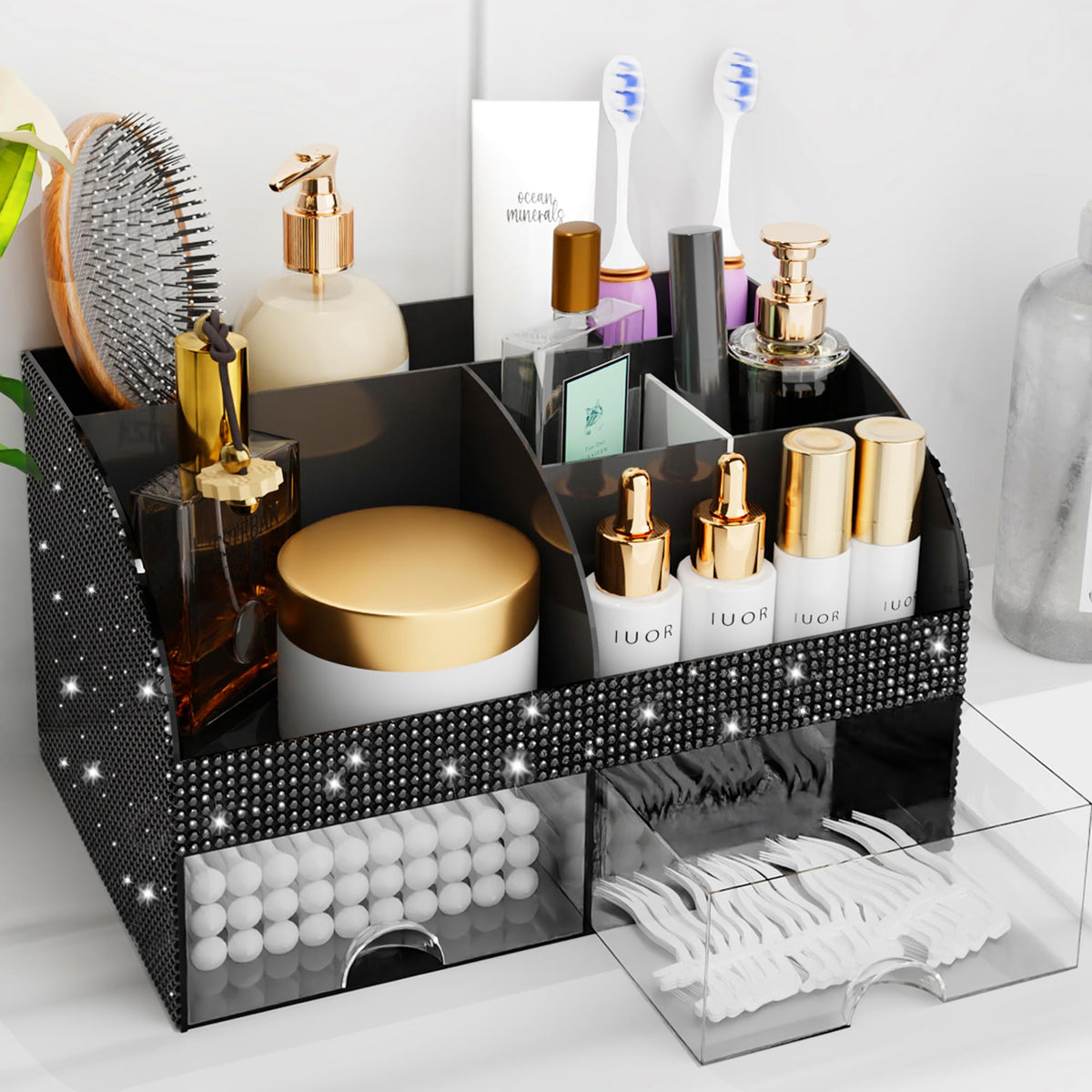 Makeup Organizer with Drawers, Cosmetic Storage for Dresser Vanity and Bathroom Countertop, Beauty Holder for Lipstick Brush, Skincare Organizer for Vanity, Cosmetic Display Case (White)